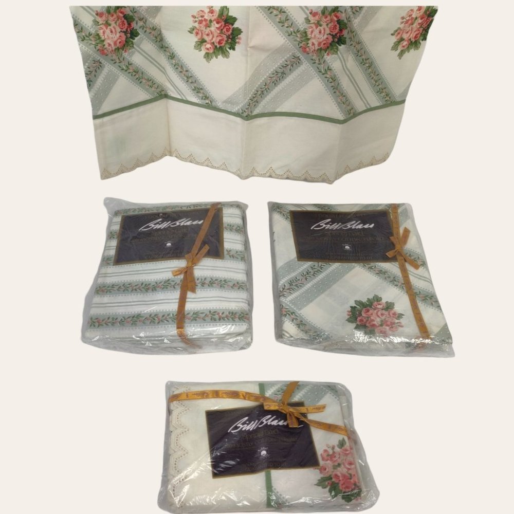 Vintage 80s Bill Blass Petit Point Rose FULL Sheet Set Blue Ribbons Pink Cottage
